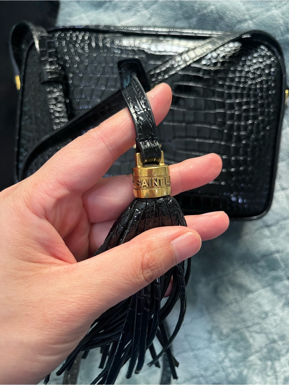 Saint Laurent Black Croc-Embossed Leather Camera Bag with Gold YSL Hardware - Picture 5 of 9